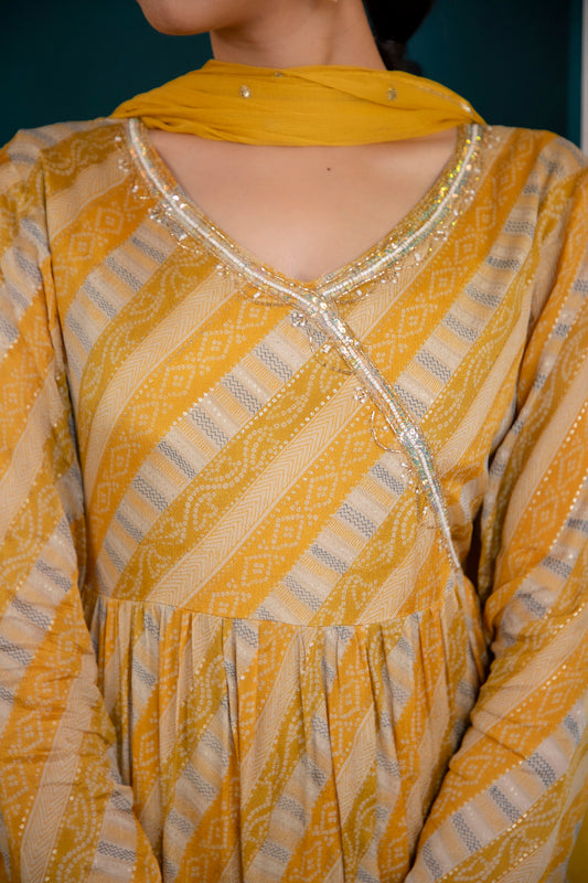 Angarakha Bandhej Kurti With Pant And Dupatta