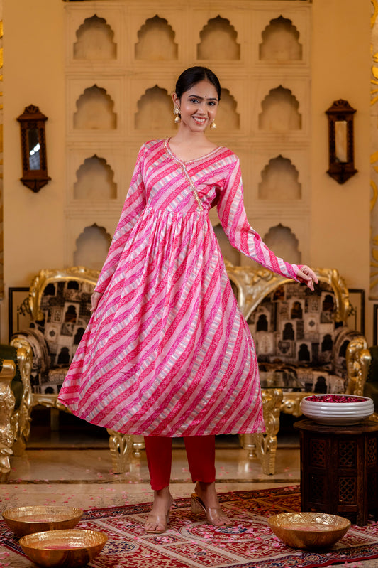 Chinon Angarakha Bandhej Kurti With Pant And Dupatta