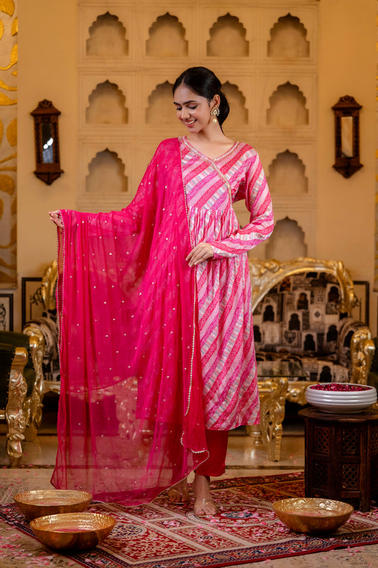 Chinon Angarakha Bandhej Kurti With Pant And Dupatta
