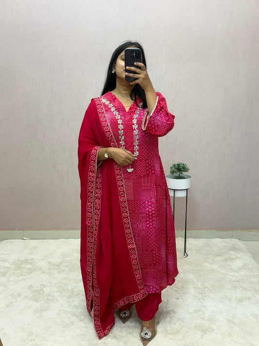 Crepe Bandhej A-line Suit Set