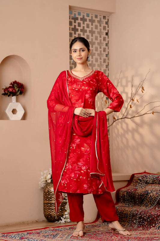 Chinon Straight Kurti With Pant and Dupatta