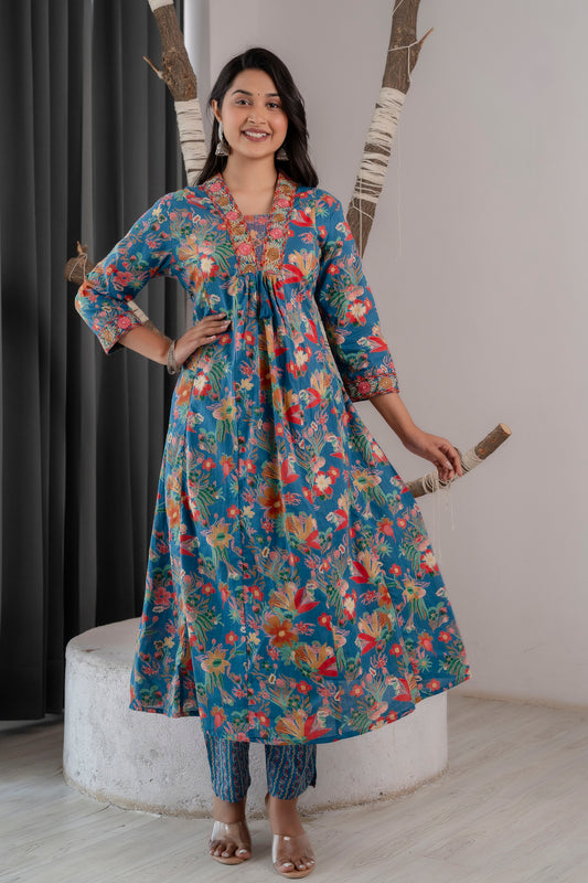 Cotton Anarkli Kurti With Pant And Dupatta