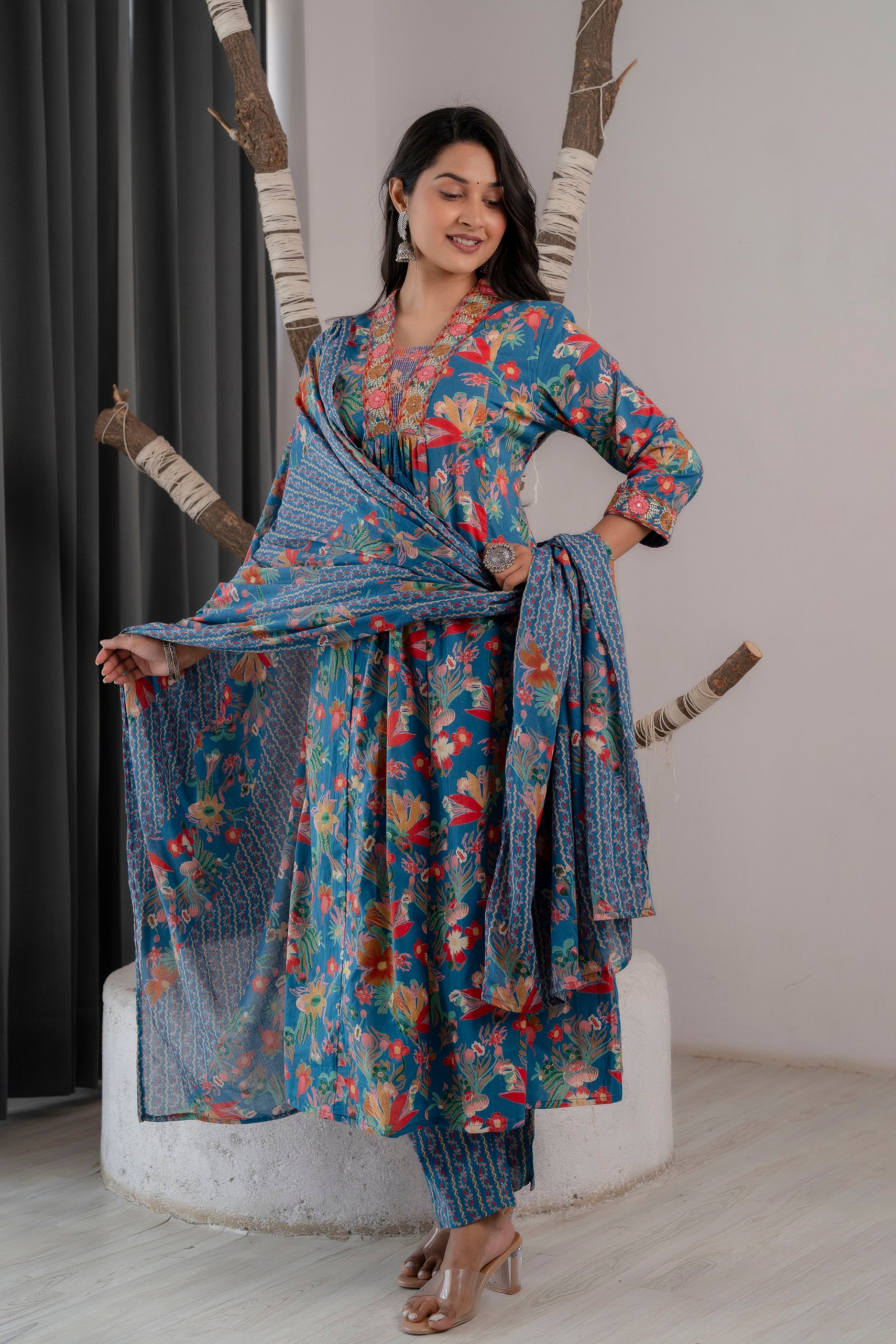 Cotton Anarkli Kurti With Pant And Dupatta