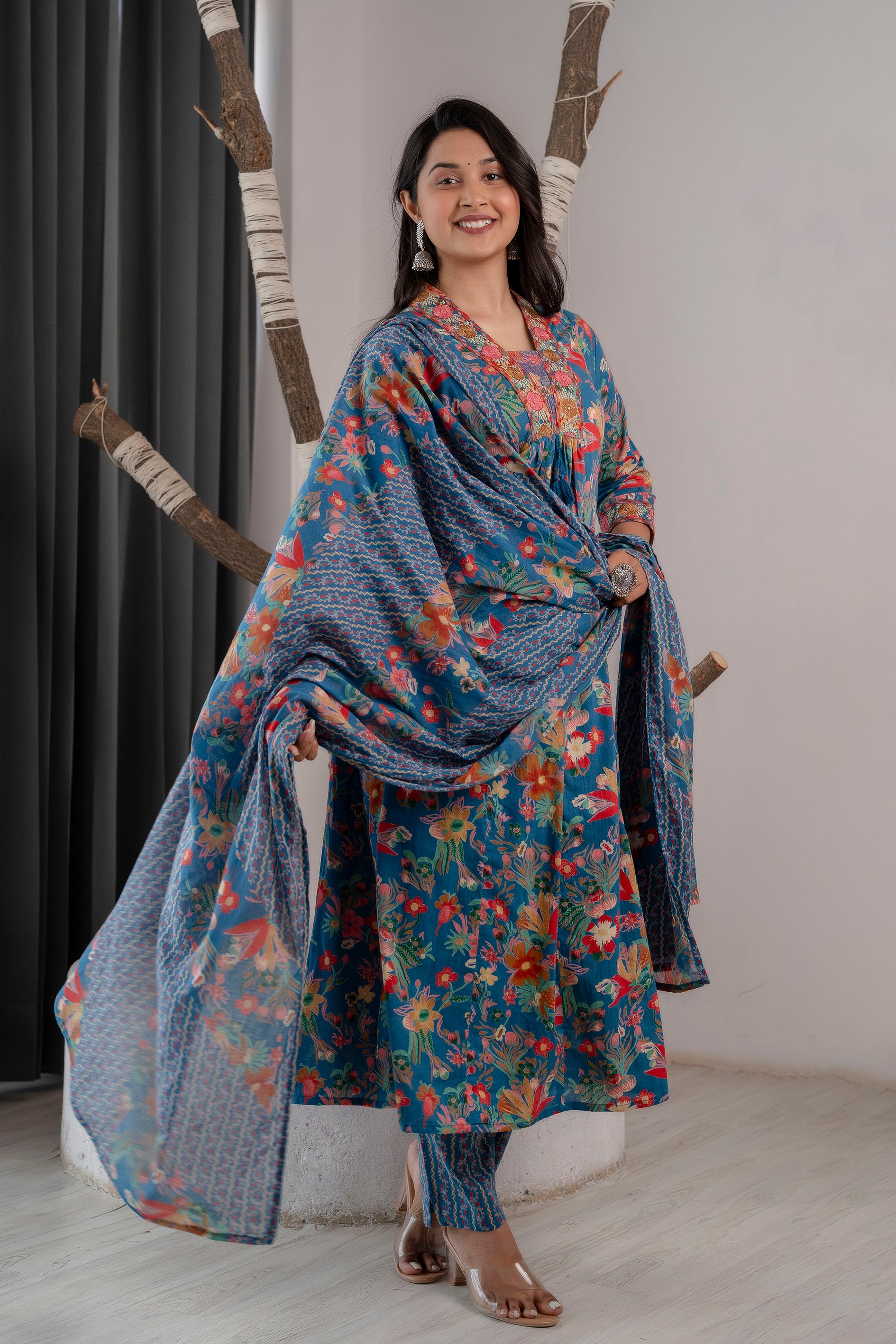 Cotton Anarkli Kurti With Pant And Dupatta