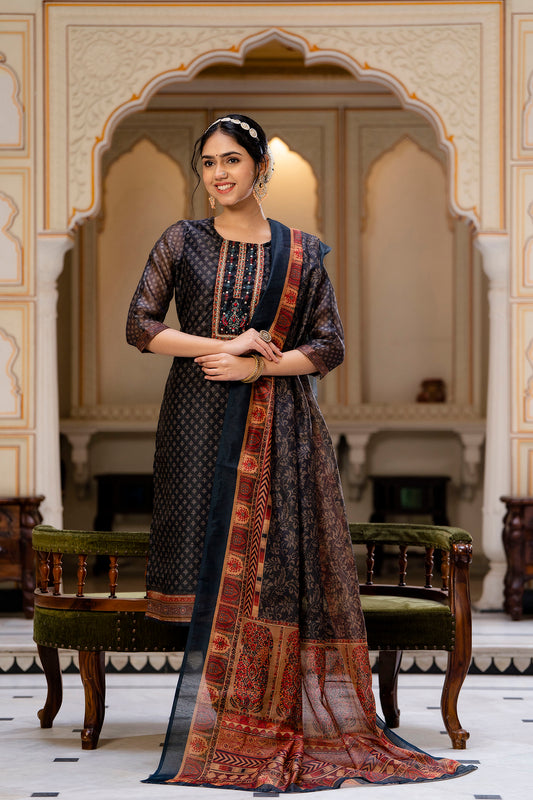 Chanderi Straight Kurti With Pant and Dupatta