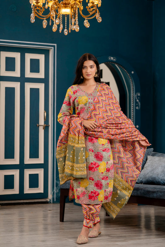 Cotton Printed Straight Kurti With Afgani And Dupatta