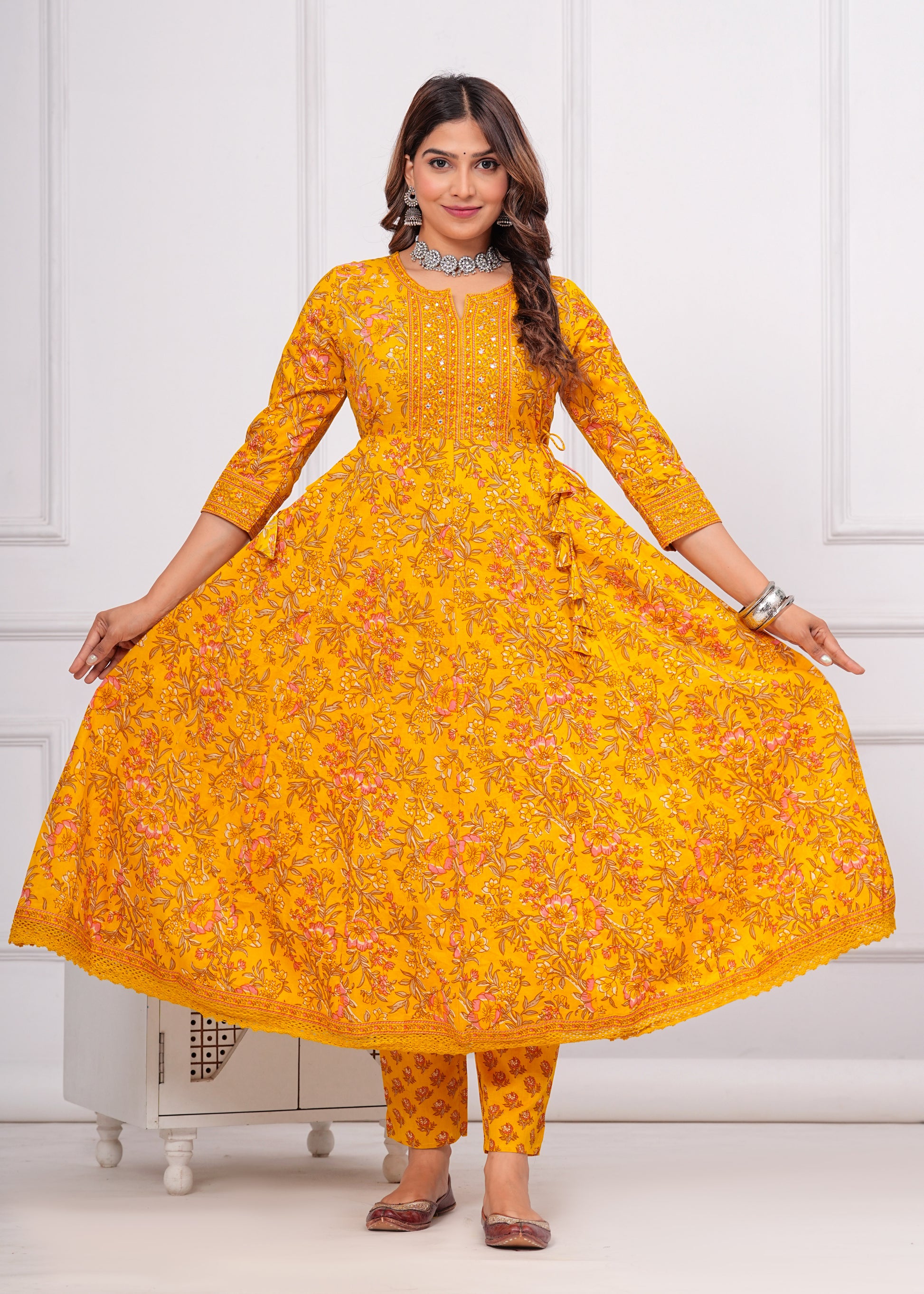 Cotton Printed Anarkali Kurti with Pant and Dupatta