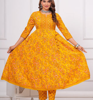 Cotton Printed Anarkali Kurti with Pant and Dupatta