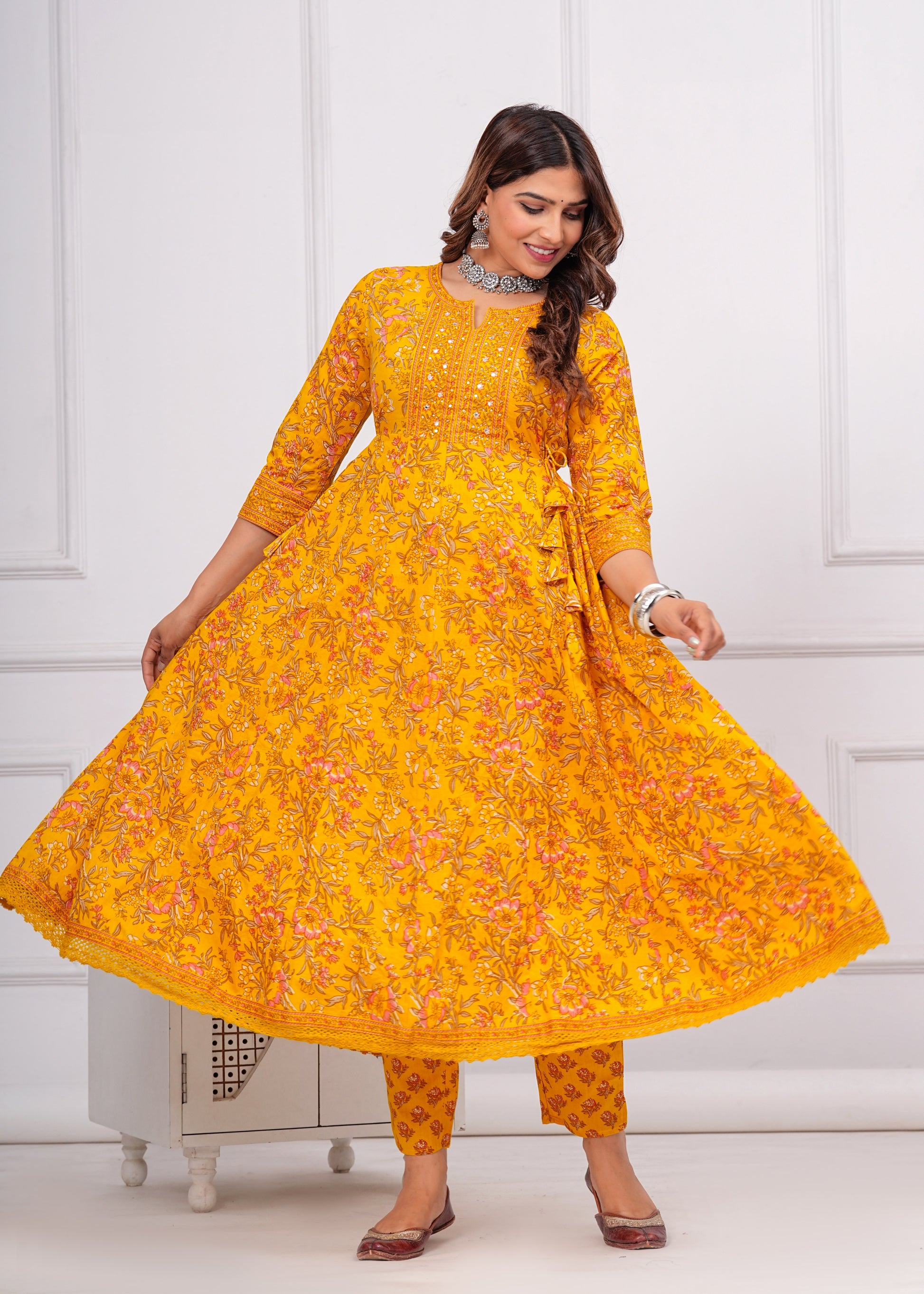 Cotton Printed Anarkali Kurti with Pant and Dupatta