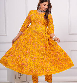 Cotton Printed Anarkali Kurti with Pant and Dupatta