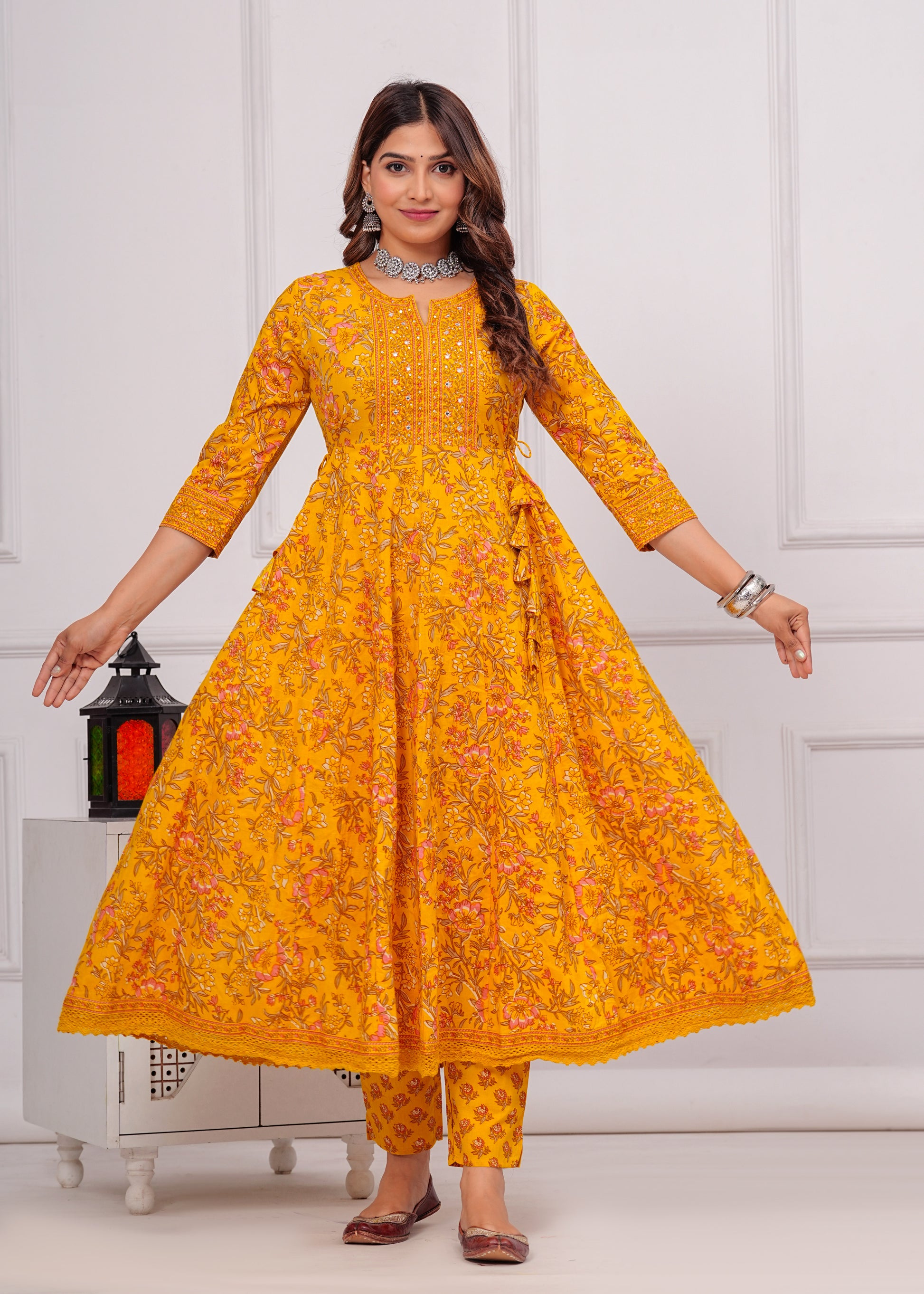 Cotton Printed Anarkali Kurti with Pant and Dupatta