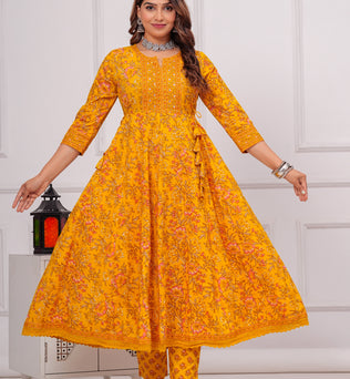 Cotton Printed Anarkali Kurti with Pant and Dupatta