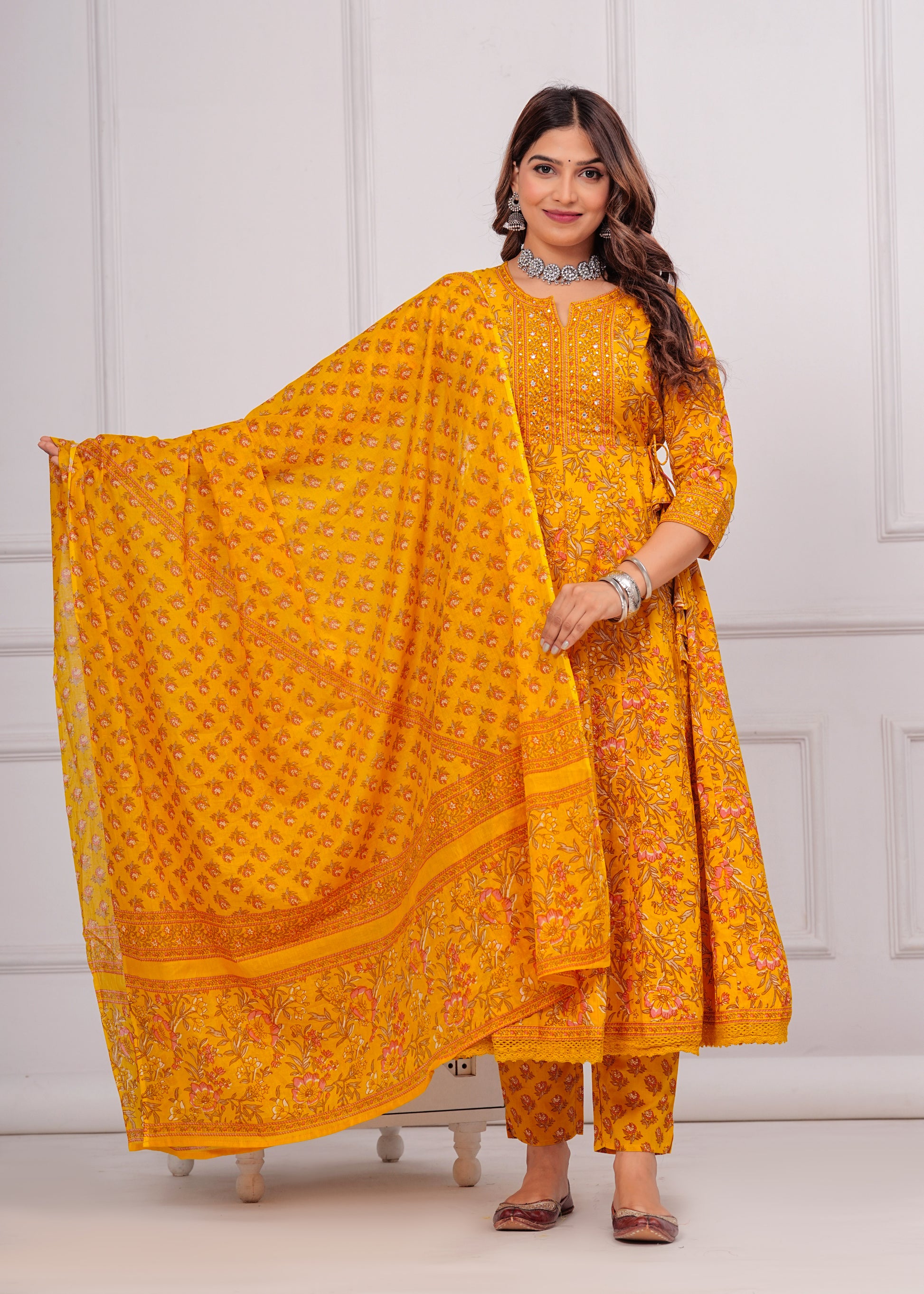 Cotton Printed Anarkali Kurti with Pant and Dupatta