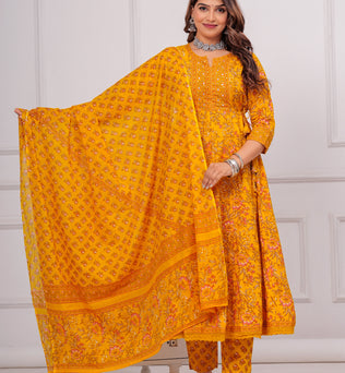 Cotton Printed Anarkali Kurti with Pant and Dupatta