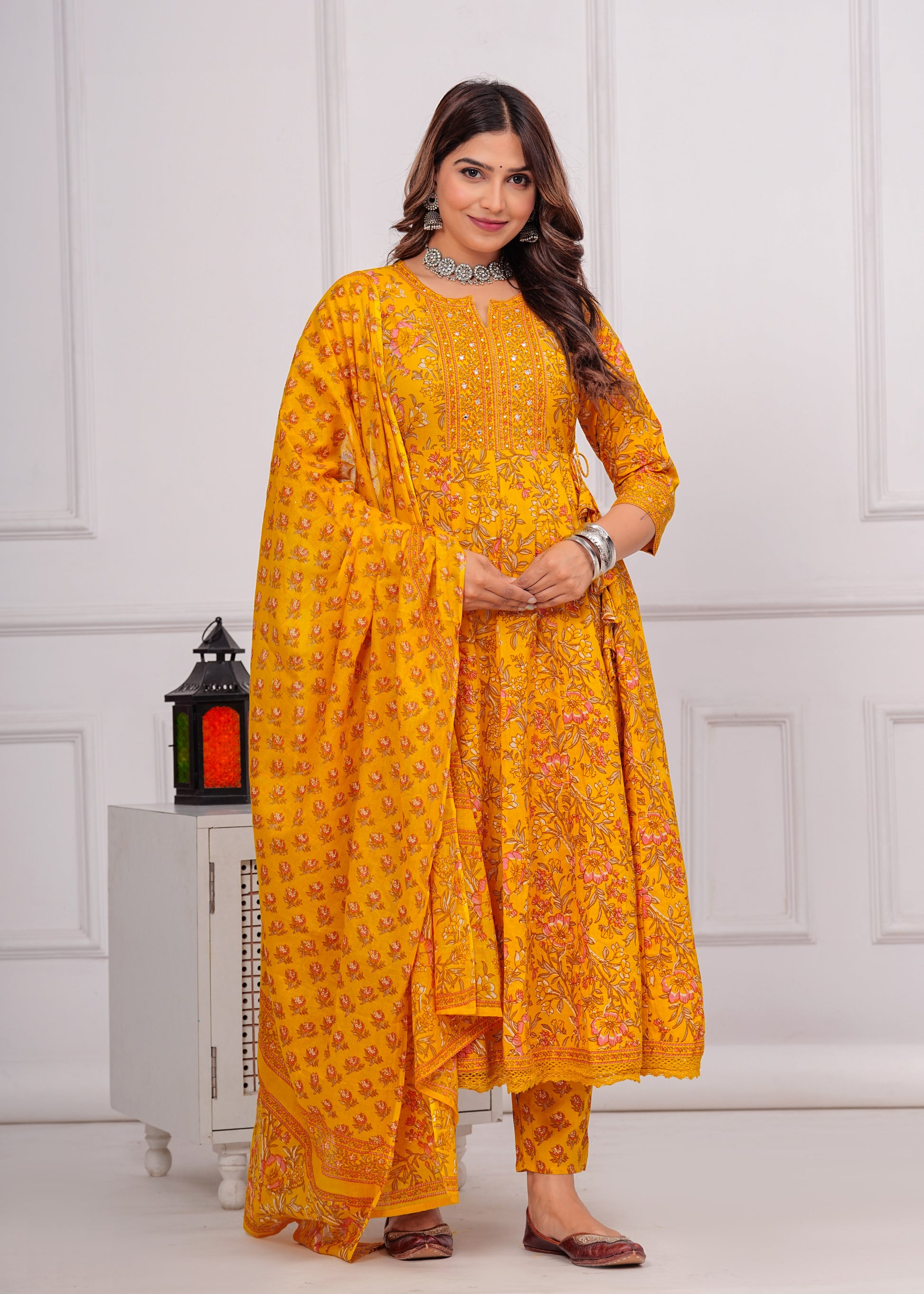 Cotton Printed Anarkali Kurti with Pant and Dupatta