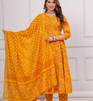 Cotton Printed Anarkali Kurti with Pant and Dupatta