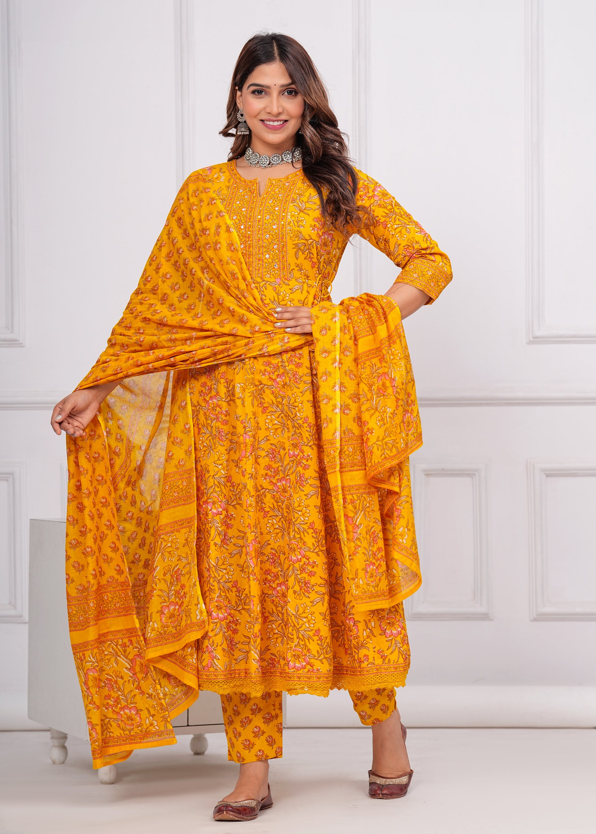 Cotton Printed Anarkali Kurti with Pant and Dupatta