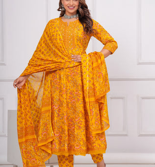 Cotton Printed Anarkali Kurti with Pant and Dupatta