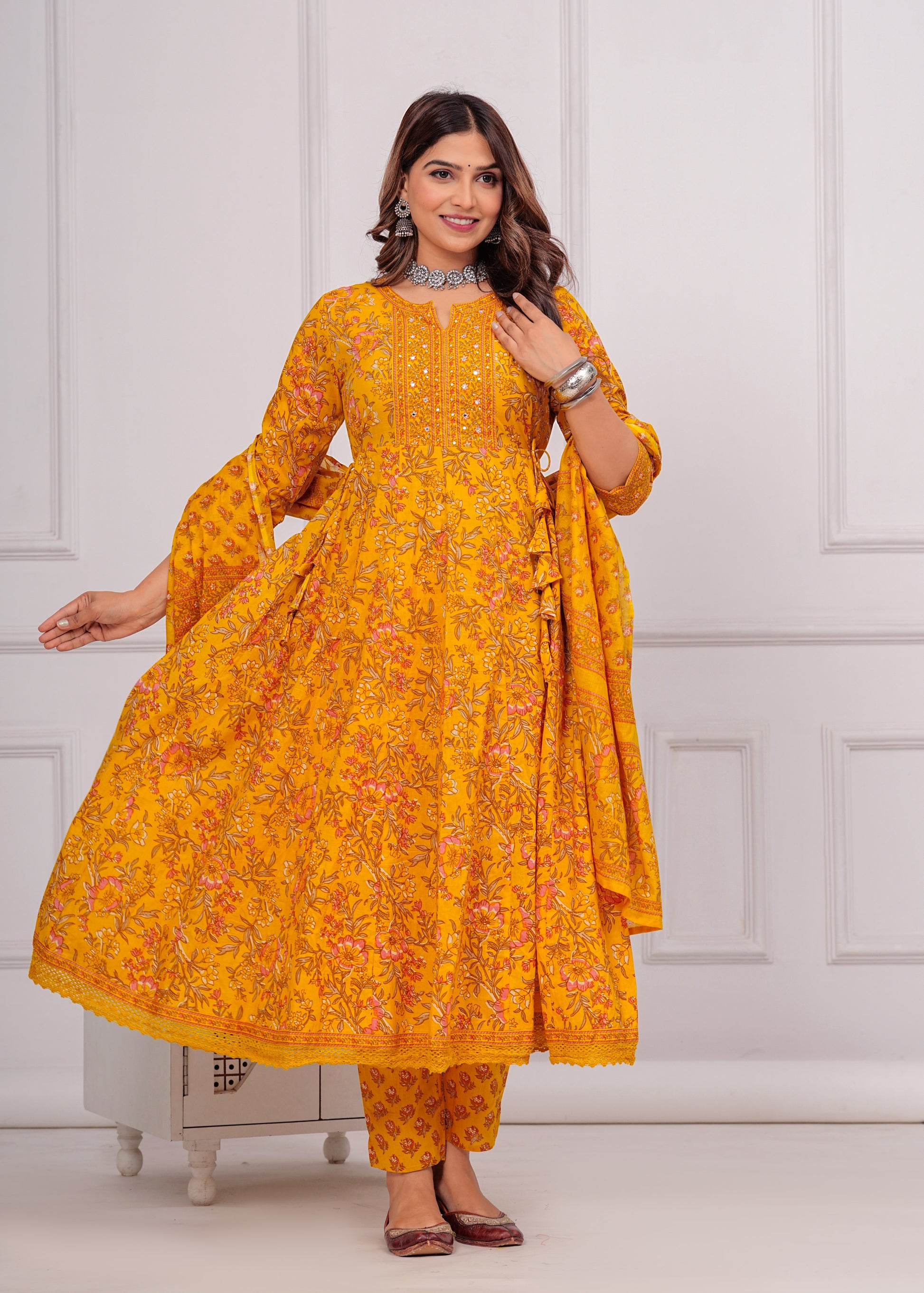 Cotton Printed Anarkali Kurti with Pant and Dupatta