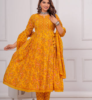 Cotton Printed Anarkali Kurti with Pant and Dupatta