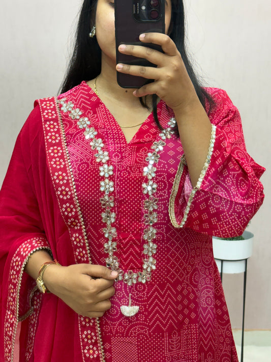 Crepe Bandhej A-line Suit Set