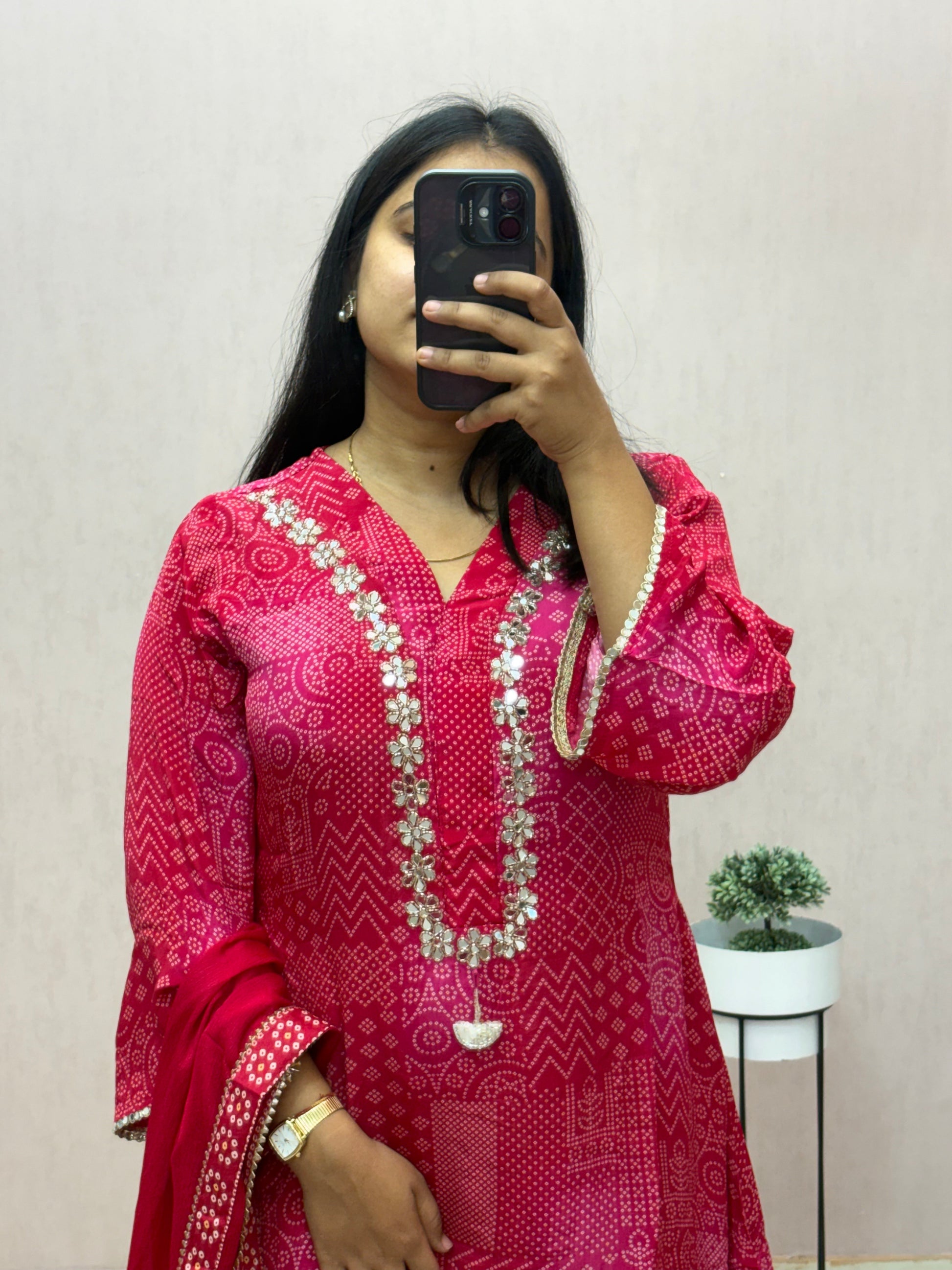 Crepe Bandhej A-line Suit Set