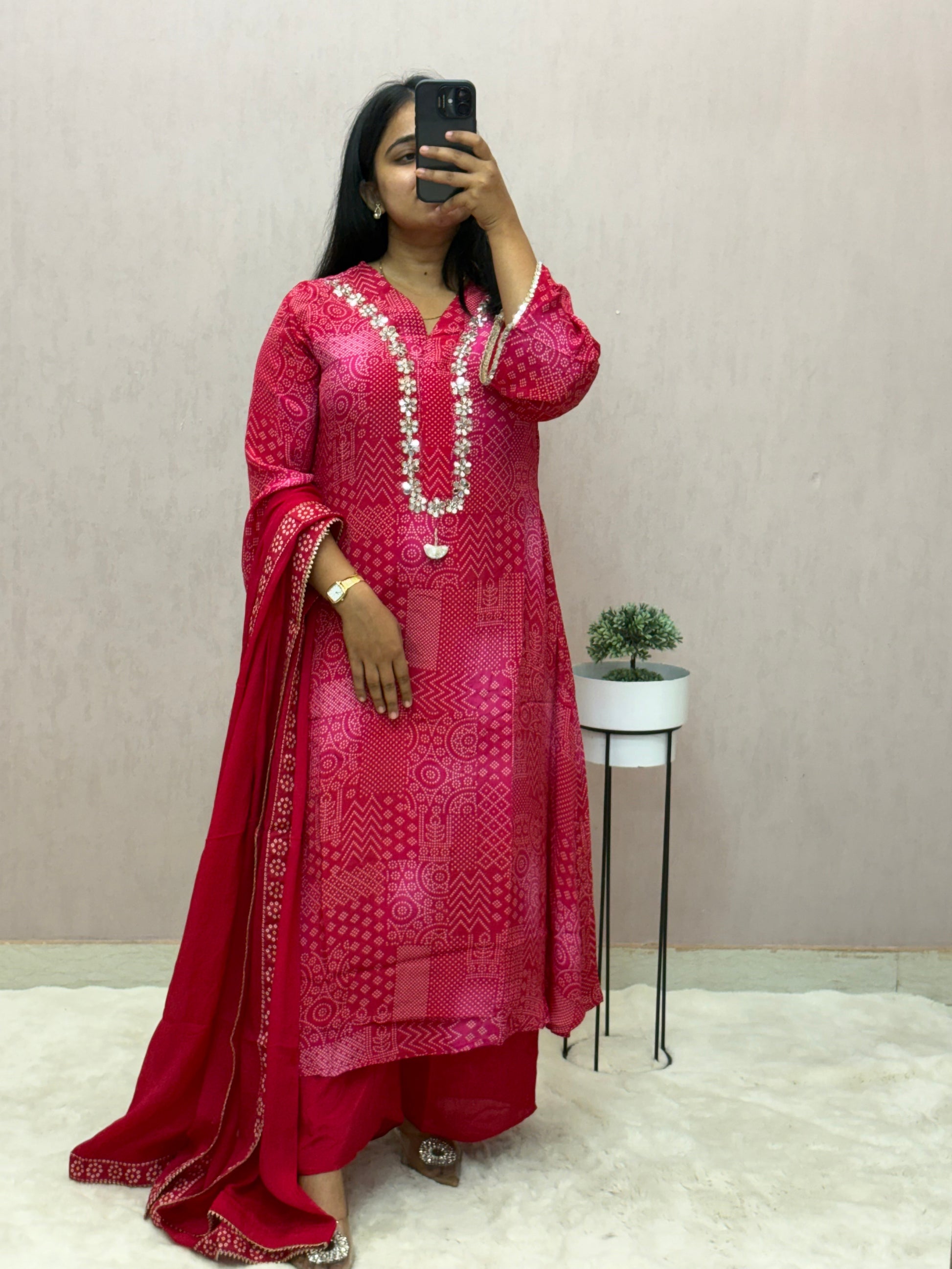 Crepe Bandhej A-line Suit Set