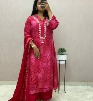 Crepe Bandhej A-line Suit Set