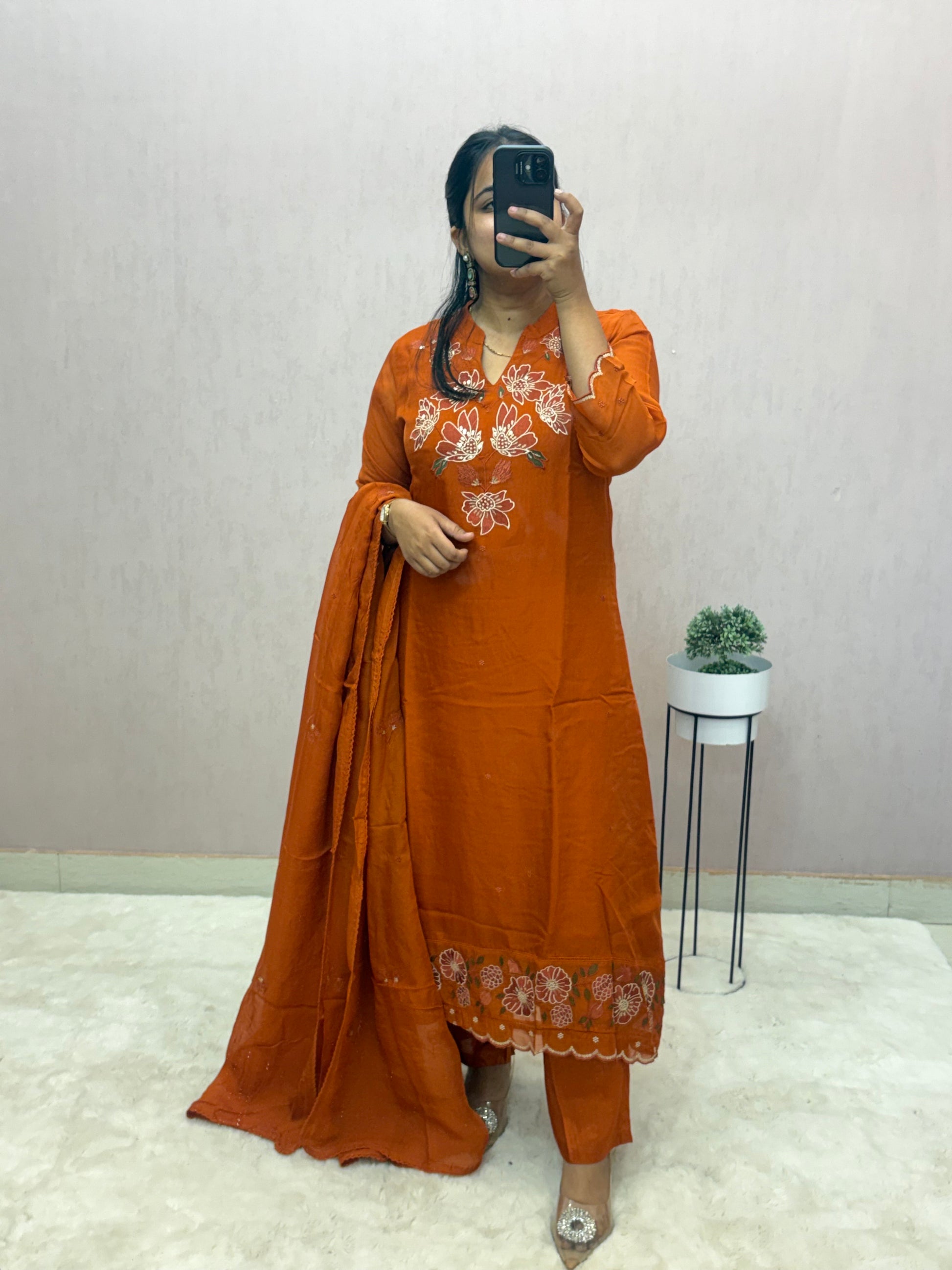 Rust Organza A-line Suit Set