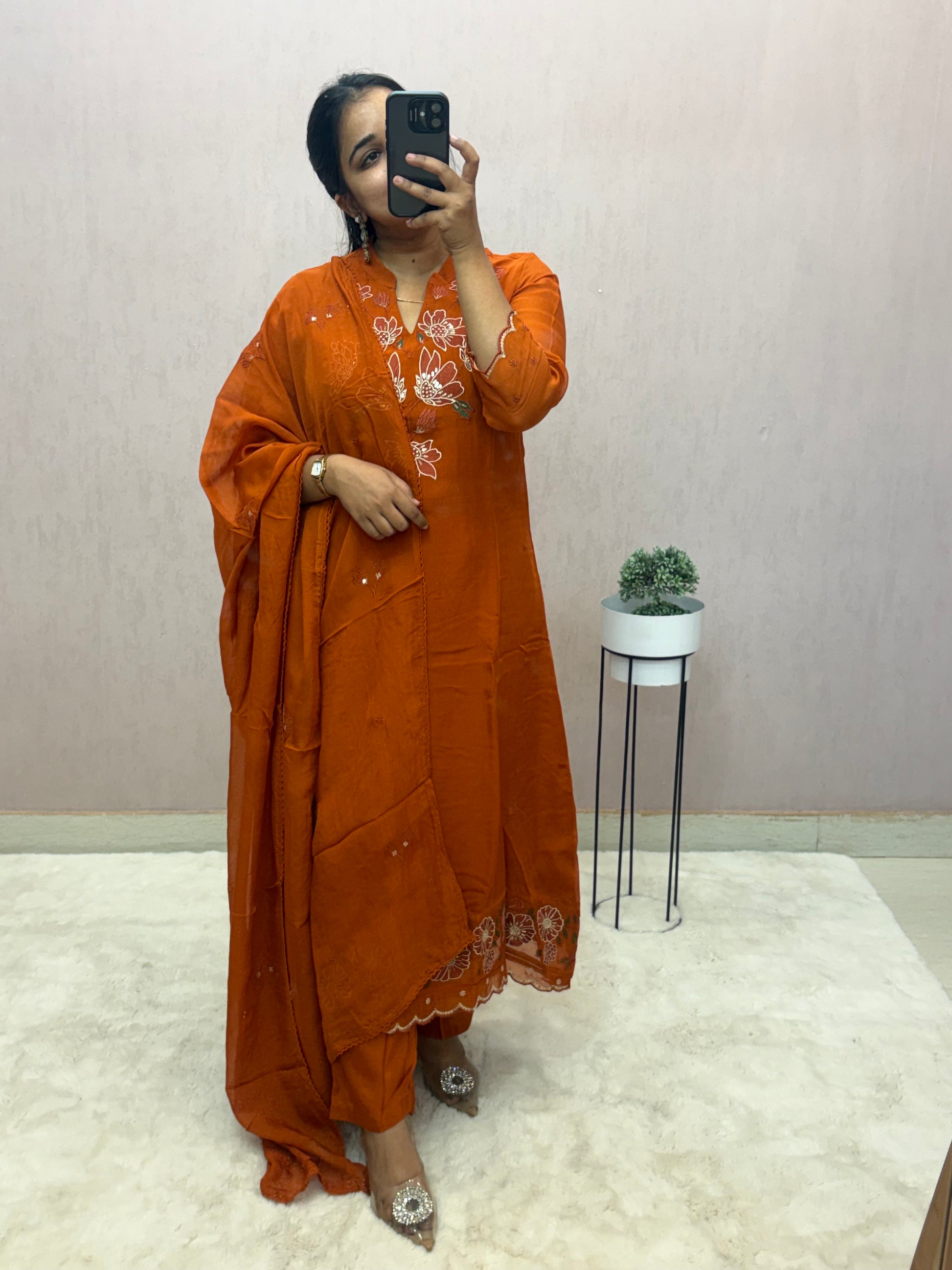 Rust Organza A-line Suit Set