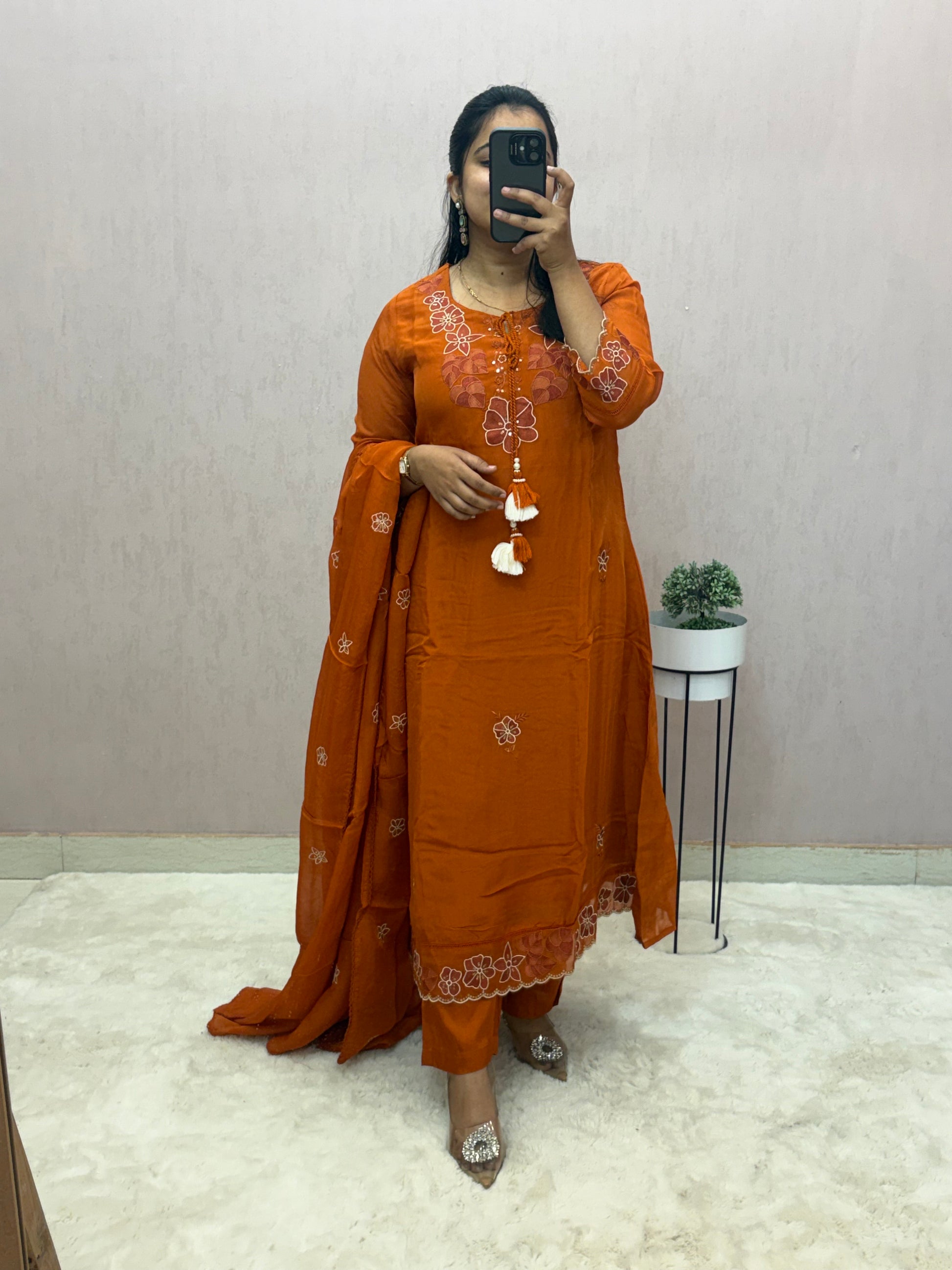 Rust Organza A-line Suit Set