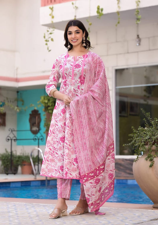 Cotton Anarkli Kurti With Pant And Dupatta