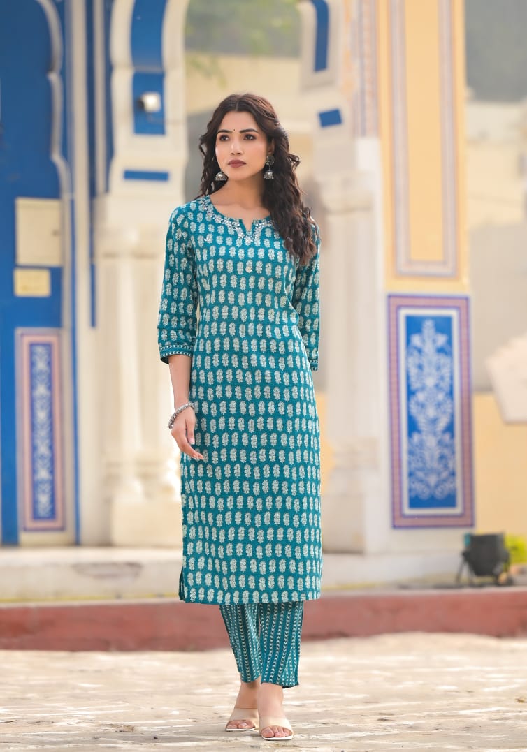 Cotton Printed Straight Kurti With Pant And Dupatta