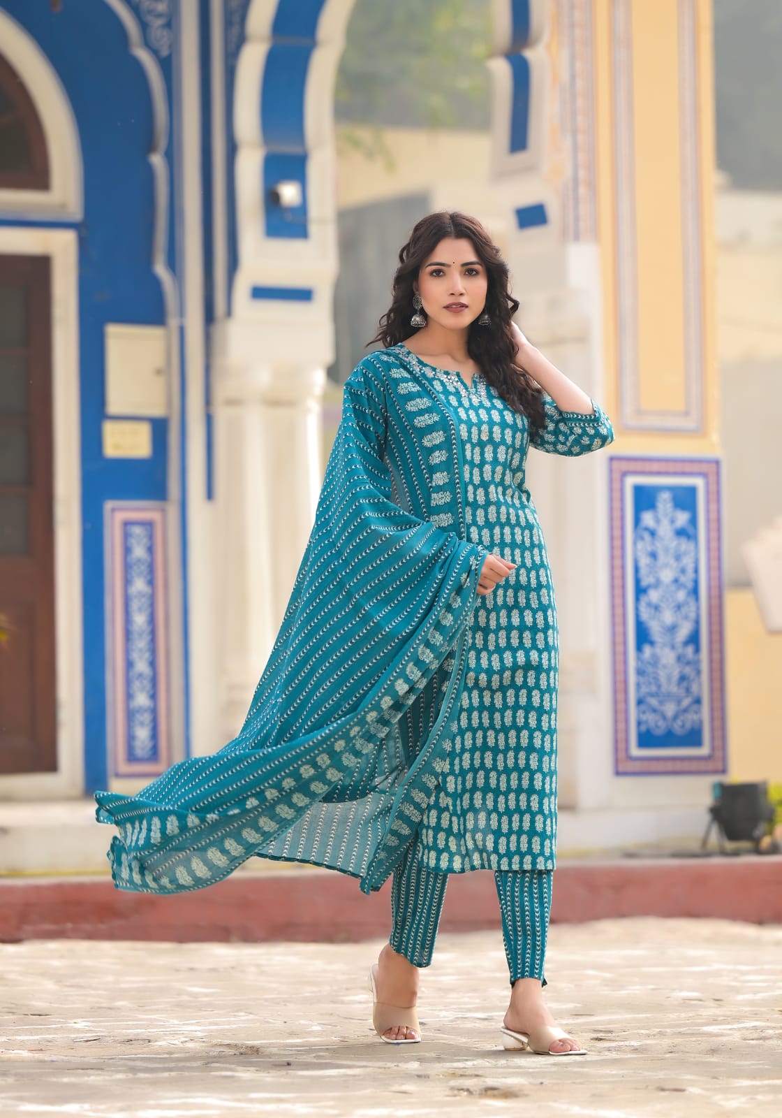 Cotton Printed Straight Kurti With Pant And Dupatta