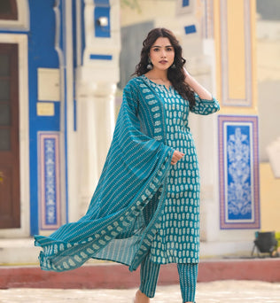 Cotton Printed Straight Kurti With Pant And Dupatta