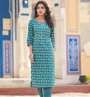 Cotton Printed Straight Kurti With Pant And Dupatta