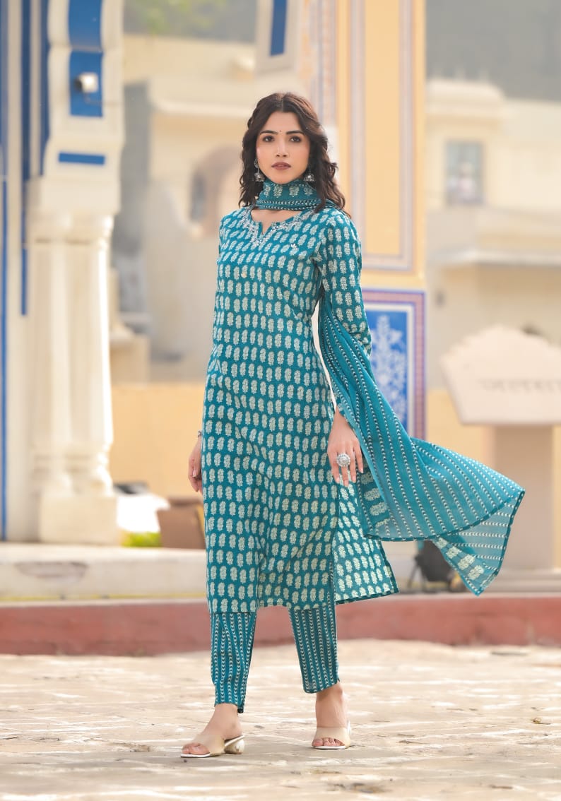 Cotton Printed Straight Kurti With Pant And Dupatta