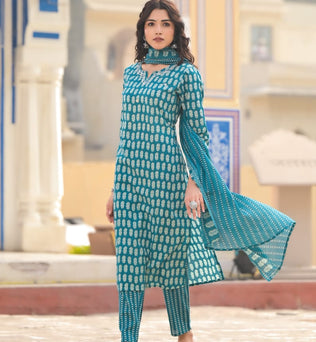 Cotton Printed Straight Kurti With Pant And Dupatta