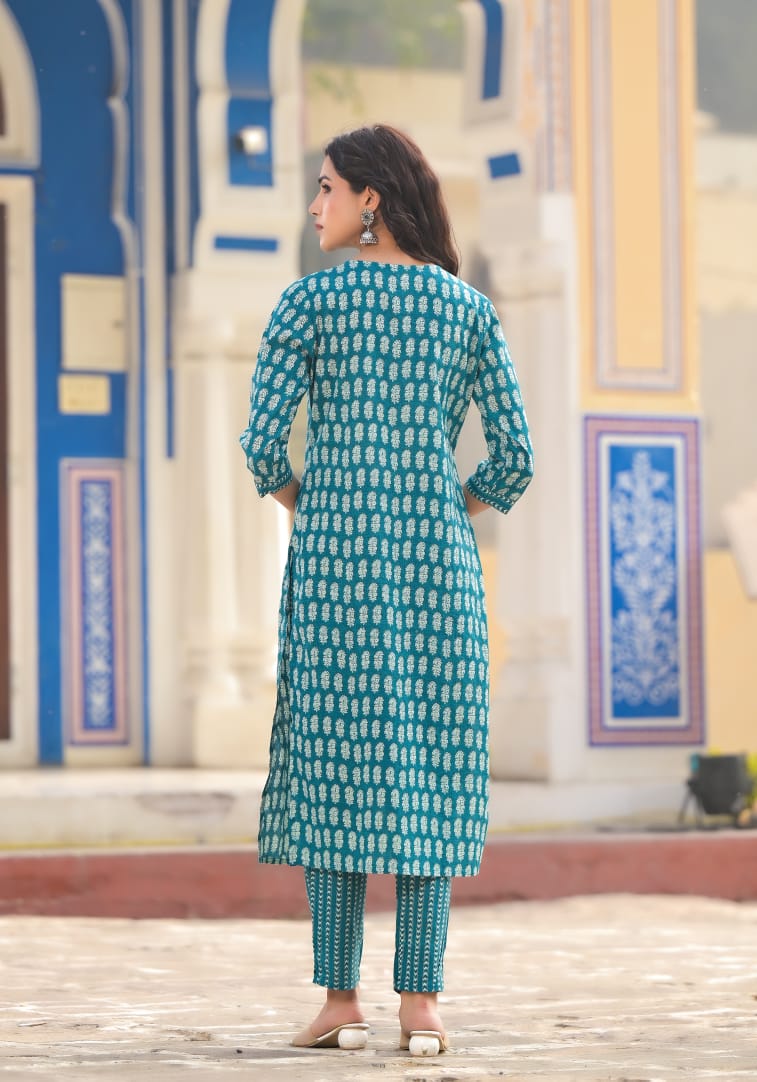 Cotton Printed Straight Kurti With Pant And Dupatta