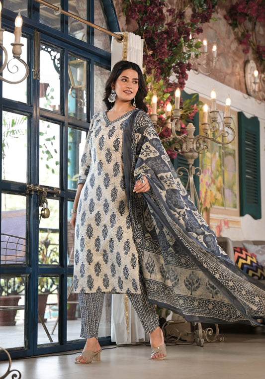 Cotton Printed Straight Kurti With Pant and Dupatta