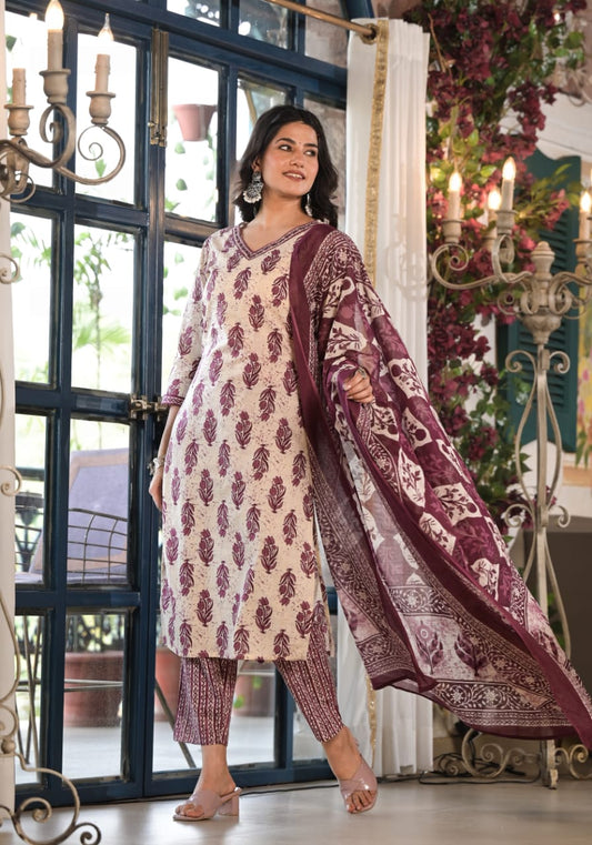 Cotton Printed Straight Kurti With Pant and Dupatta