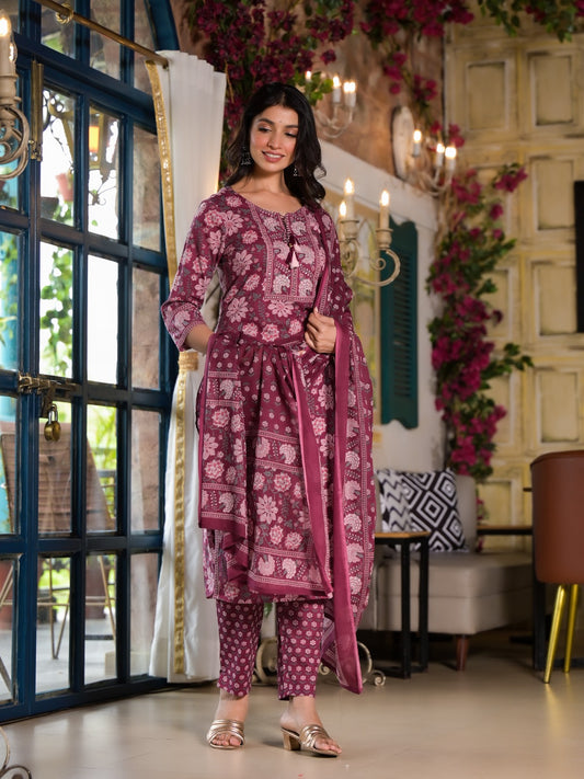 Cotton Printed Straight Kurti With Pant and Dupatta