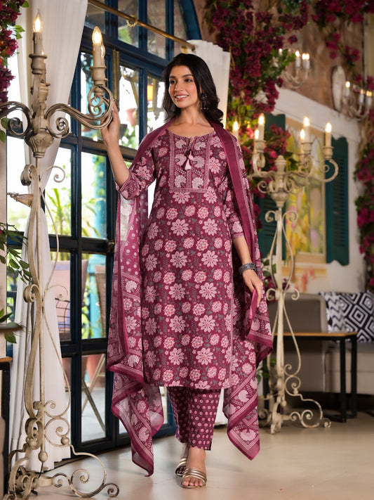 Cotton Printed Straight Kurti With Pant and Dupatta