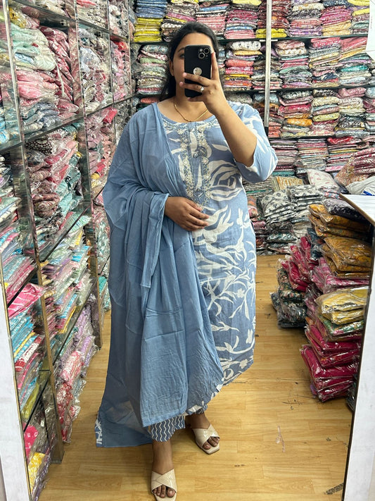 Cotton Printed Straight Kurti With Pant and Dupatta