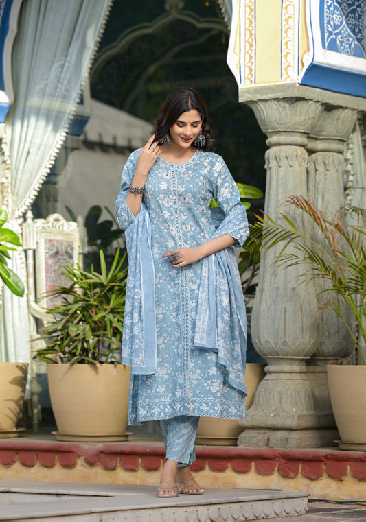 Cotton Front Cut Kurti with Pant and Dupatta