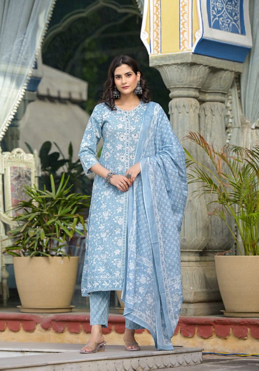 Cotton Front Cut Kurti with Pant and Dupatta