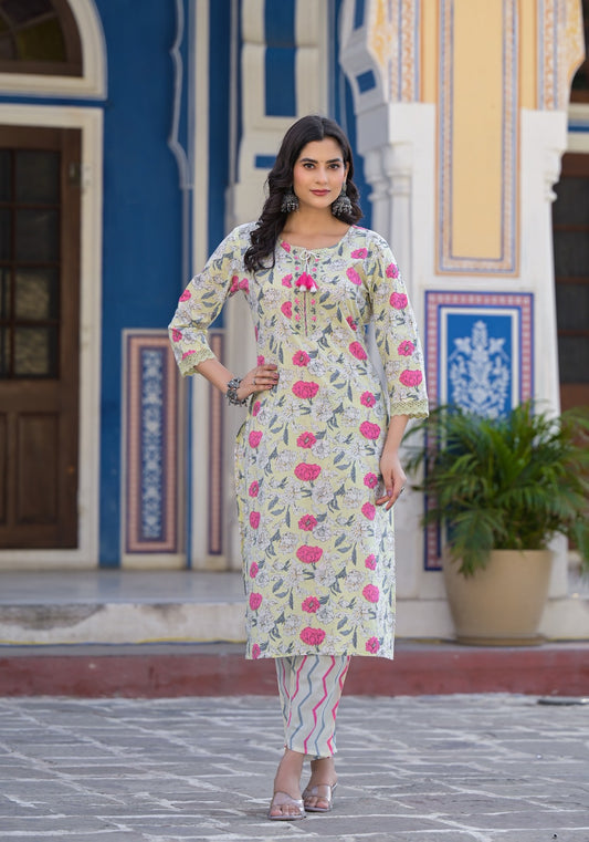 Cotton Printed Kurti with Pant and Dupatta