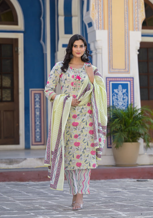 Cotton Printed Kurti with Pant and Dupatta