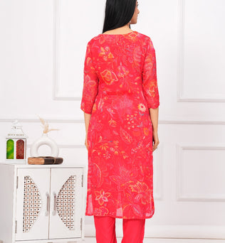 Chinon Printed Straight Kurti with Pant and Dupatta