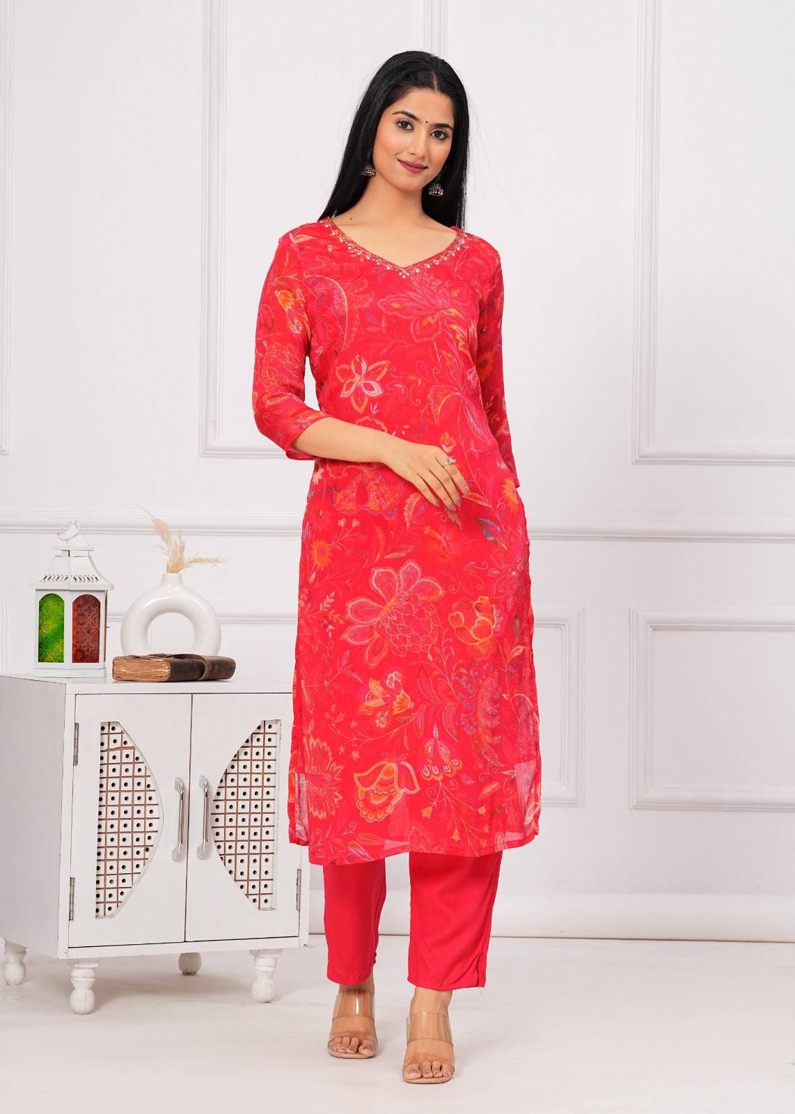 Chinon Printed Straight Kurti with Pant and Dupatta